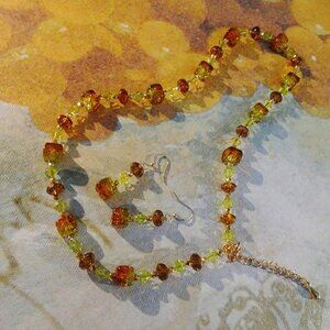 Hand-crafted necklace/earring set in citrus green and honey w/ Austrian crystals